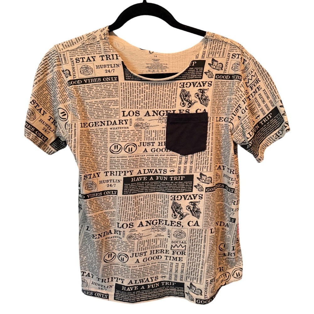 Eighty Eight Brand Boys Newspaper Print Graphic Tee Los Angeles Beige Black 14
